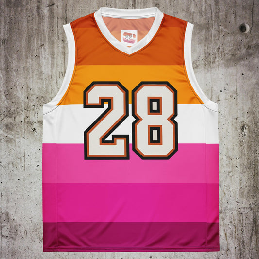 Basketball jersey with bold LGBTQ+ pride design: Power Femme Basketball Jersey