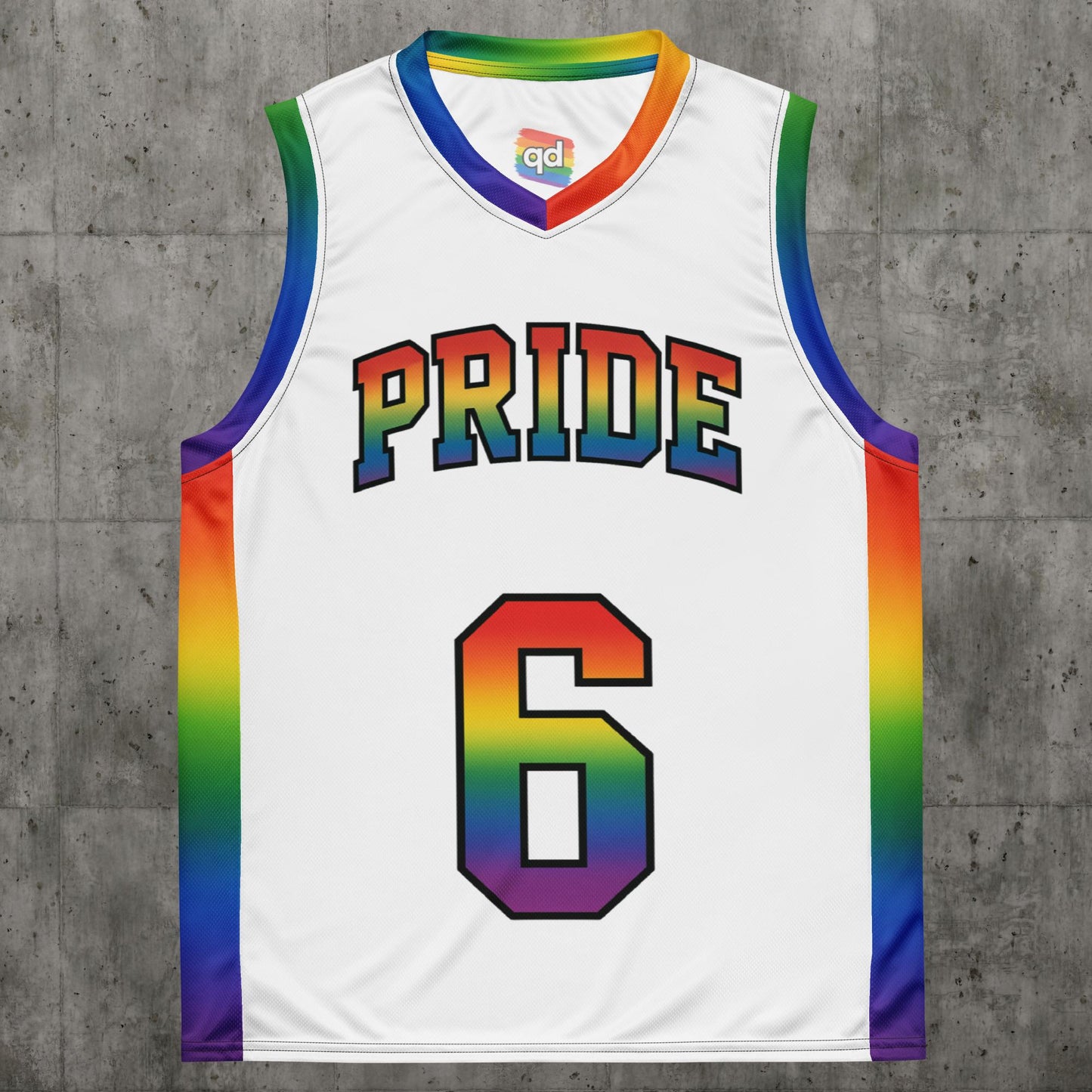 Basketball jersey with bold LGBTQ+ pride design: ProudPlay Basketball Jersey