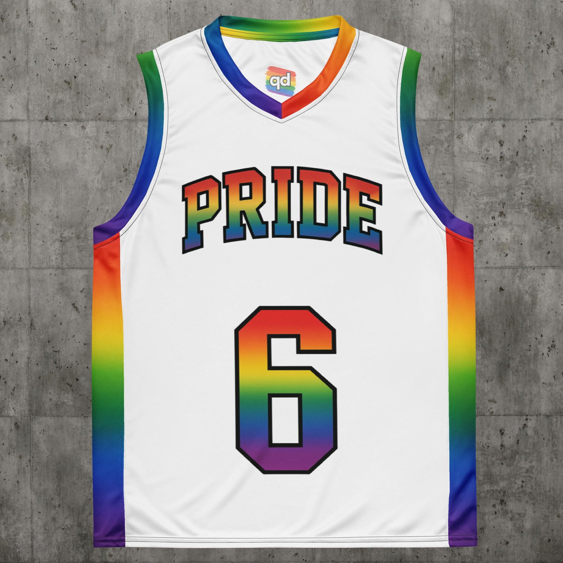 Basketball jersey with bold LGBTQ+ pride design: ProudPlay Basketball Jersey