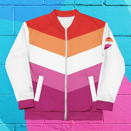Bold outerwear celebrating LGBTQ+ pride: Sapphic Flame Bomber Jacket